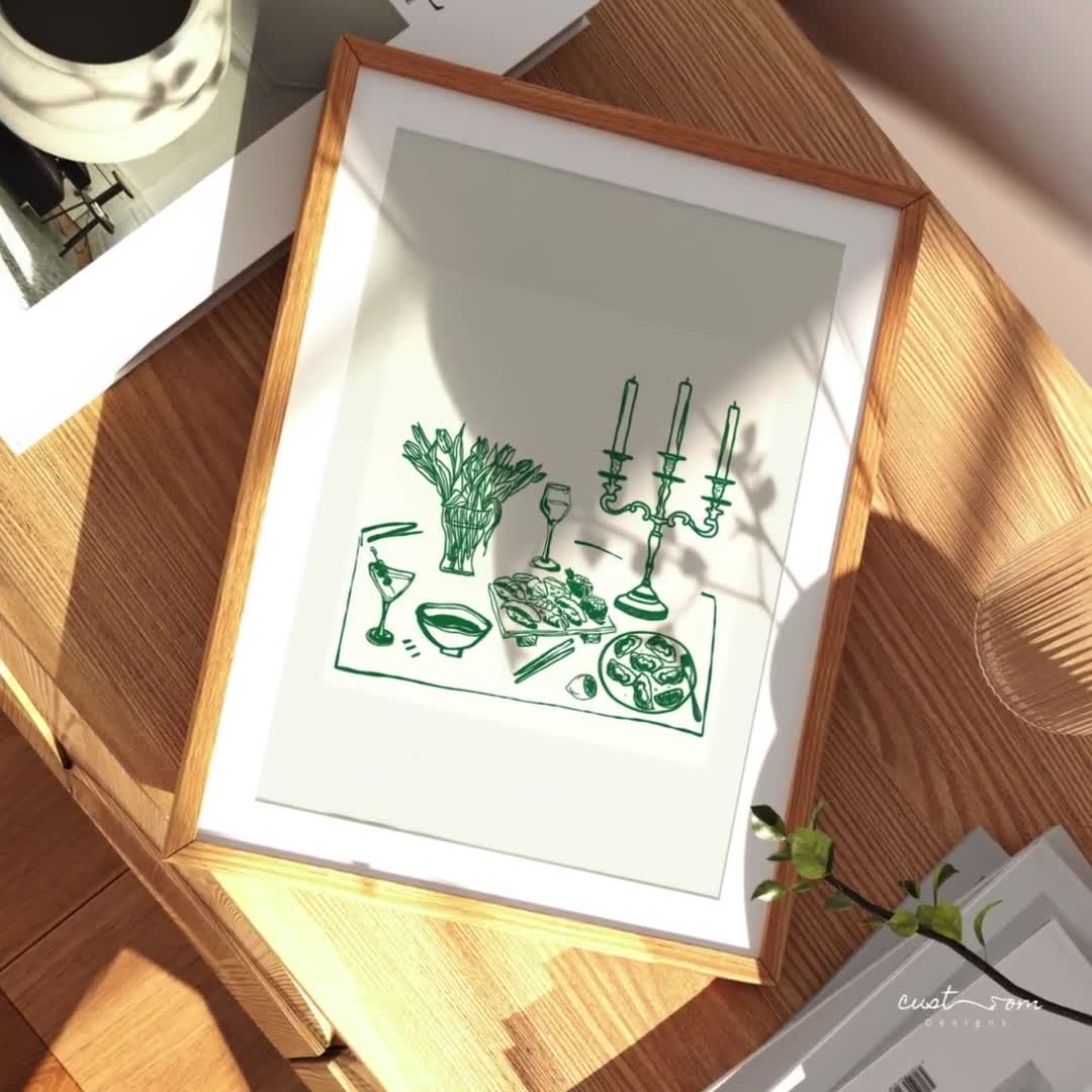 Lámina decorativa para mesa con mariscos / Arte gastronómico verde, para comedor (Descarga digital) video poster