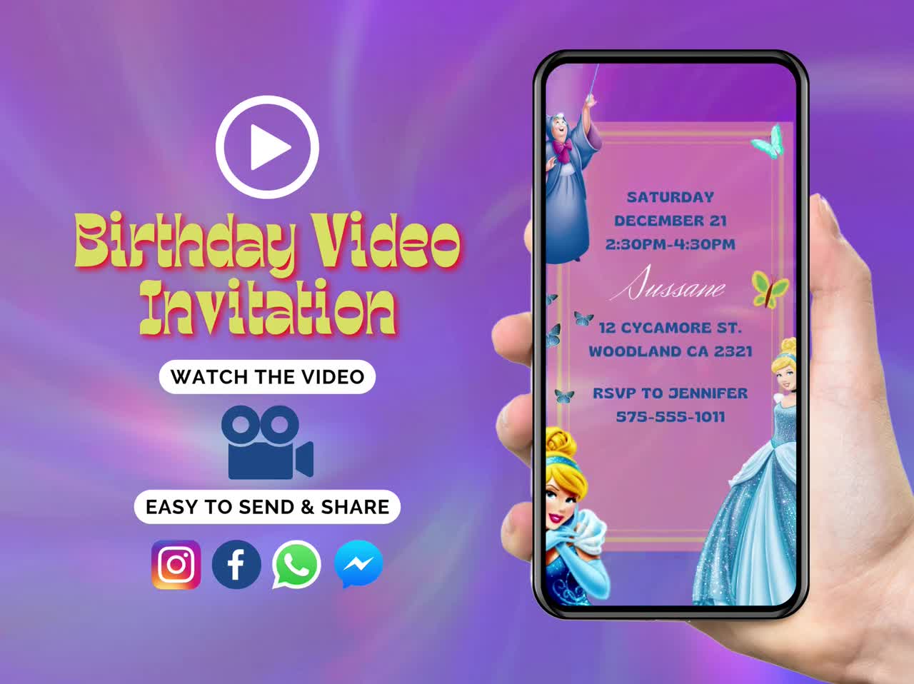 Cinderella Video Birthday Invitation, Cinderella Invite, Cinderella Video  Invitation, Kids Birthday Invitation, Cinderella Birthday