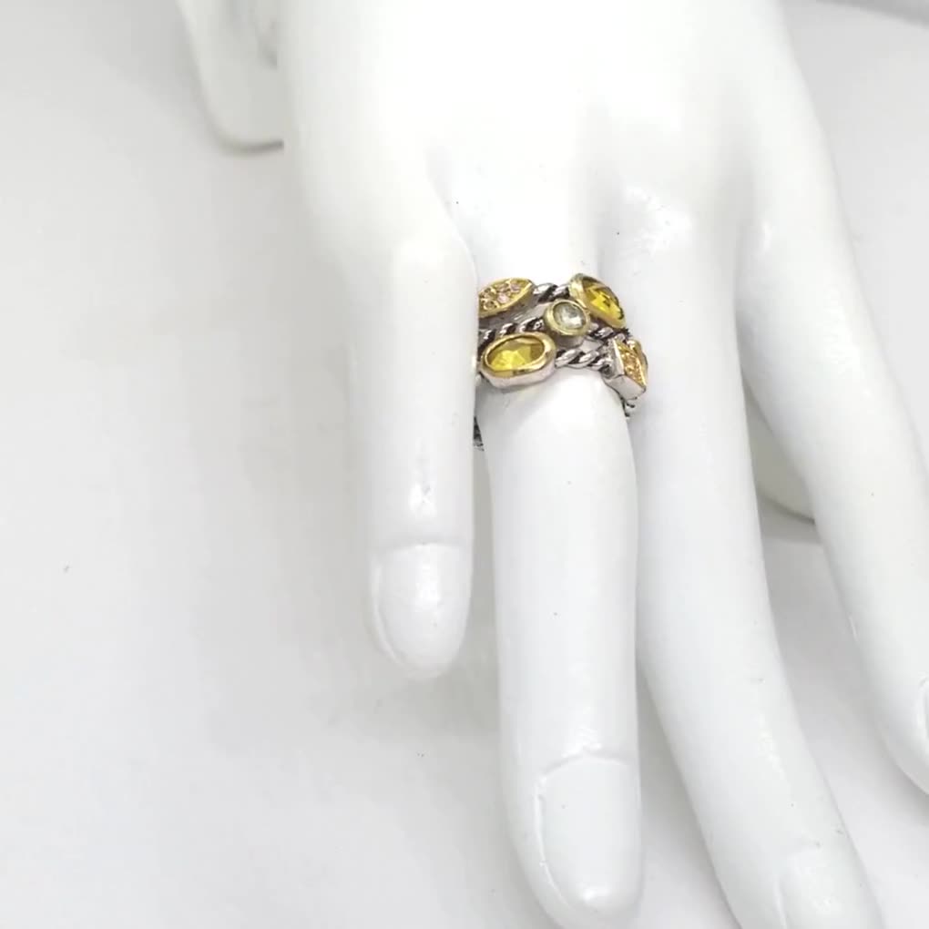 Triple Rope Band Vintage Ring, Horizontal Stone Citrine Color Glass  Crystals, Clear Round Cut Tiny Stones, Costume Jewelry Gift For Her