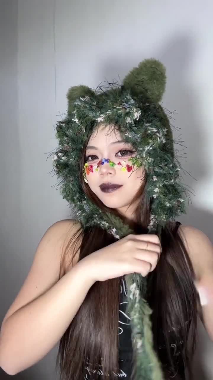 Handmade Moss Green Cat Ear Hood: Fuzzy Knit Fairycore Beanie - Etsy
