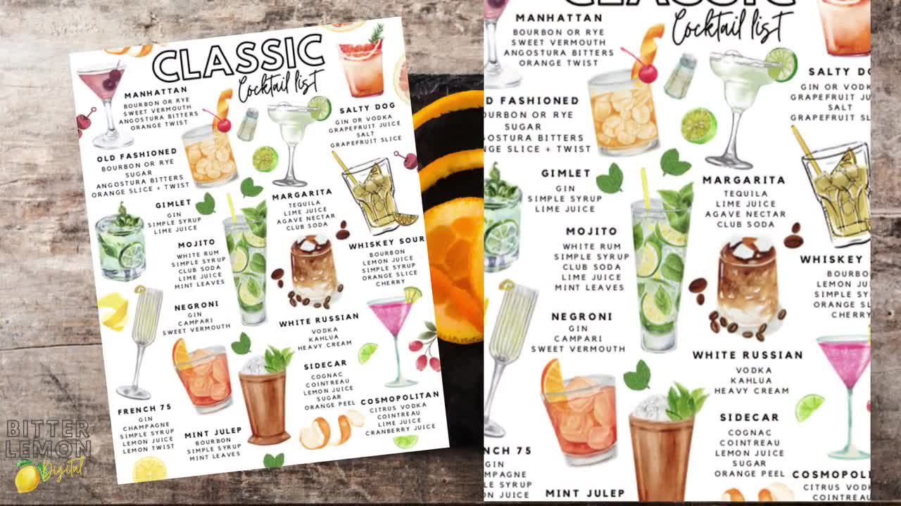 クラシックカクテルレシピプリント：バーカートアート（デジタル