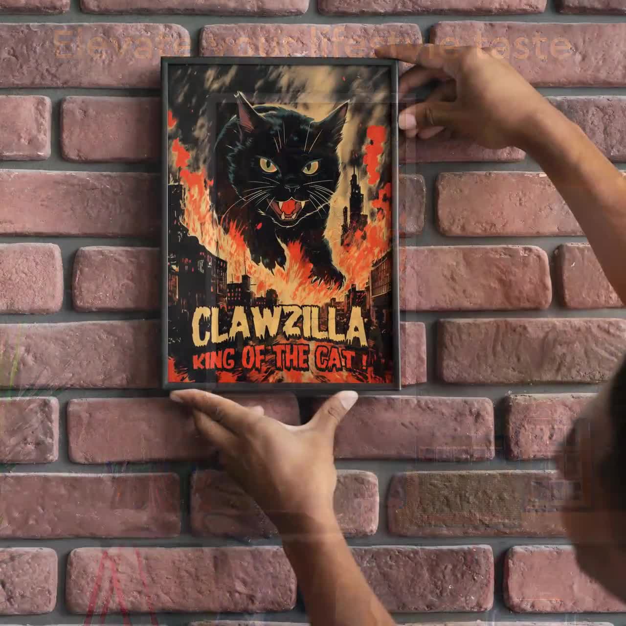Retro Cat Monster Poster, Clawzilla, Giant Black Cat