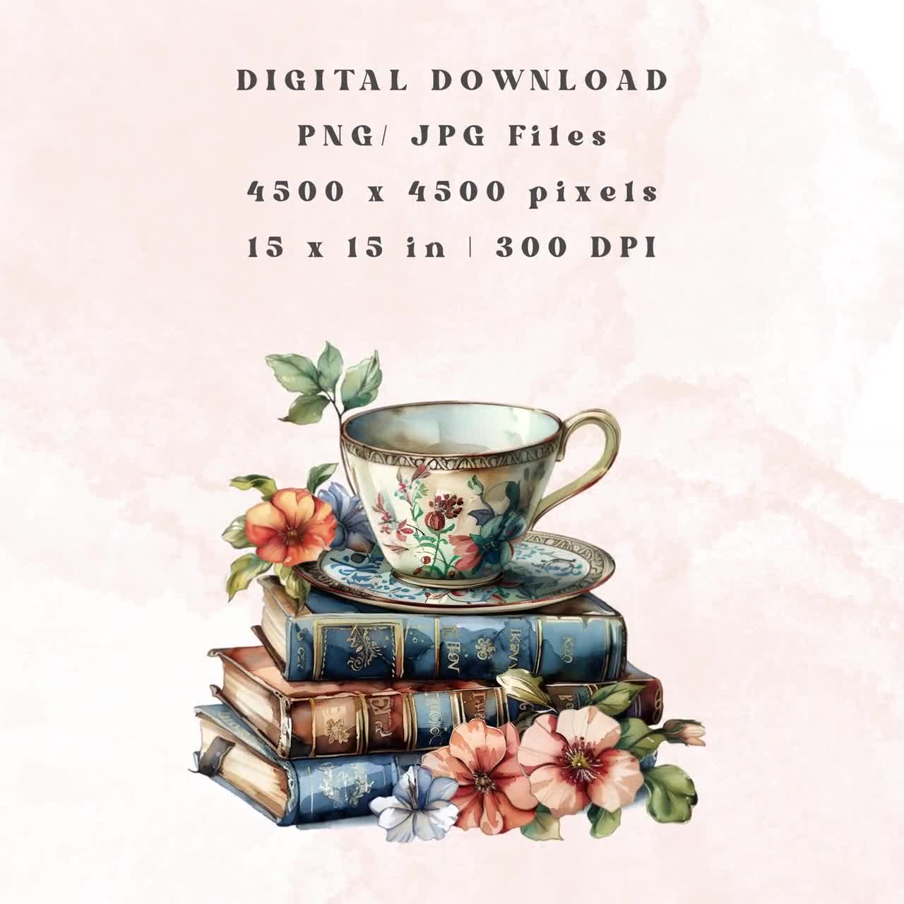 アンティーク　ポスター　Tea Coffee Watercolor Coffee and Books Clipart, Floral Coffee Clipart