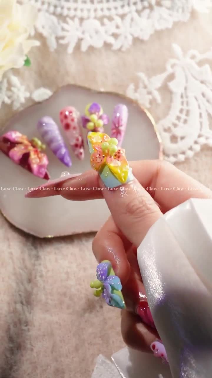 Mystic Orchid Press on Nails, 3D Flower Nail Art, Jelly Glossy