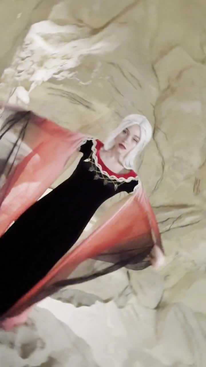 Black and Red Fantasy Gown With Ombre Chiffon Sleeves