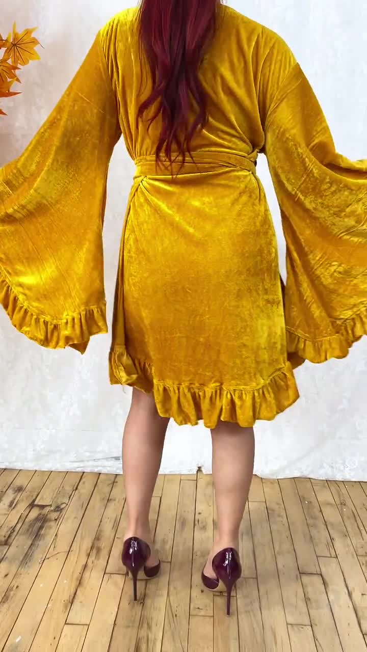 Velvet Wrap Mini Dress With Ruffle Sleeve, Flare Sleeve