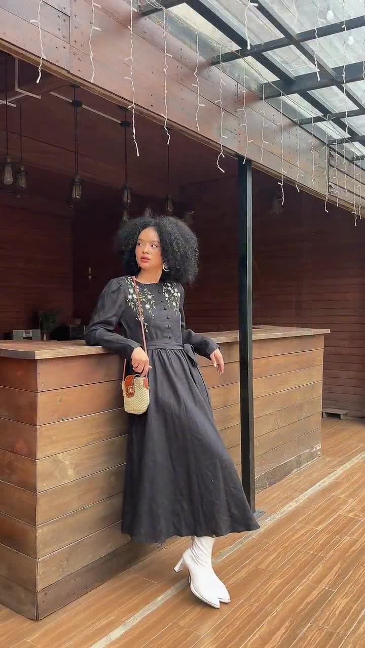 Black Linen Dress SEUL, Hand Embroidered Linen Dress, Vintage  