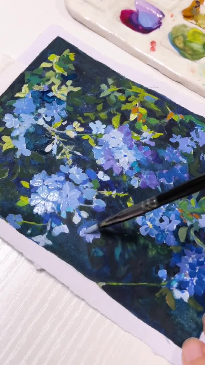 ヨシノウゴマのグワッシュ絵画：手漉き紙に描かれた花の庭の壁画