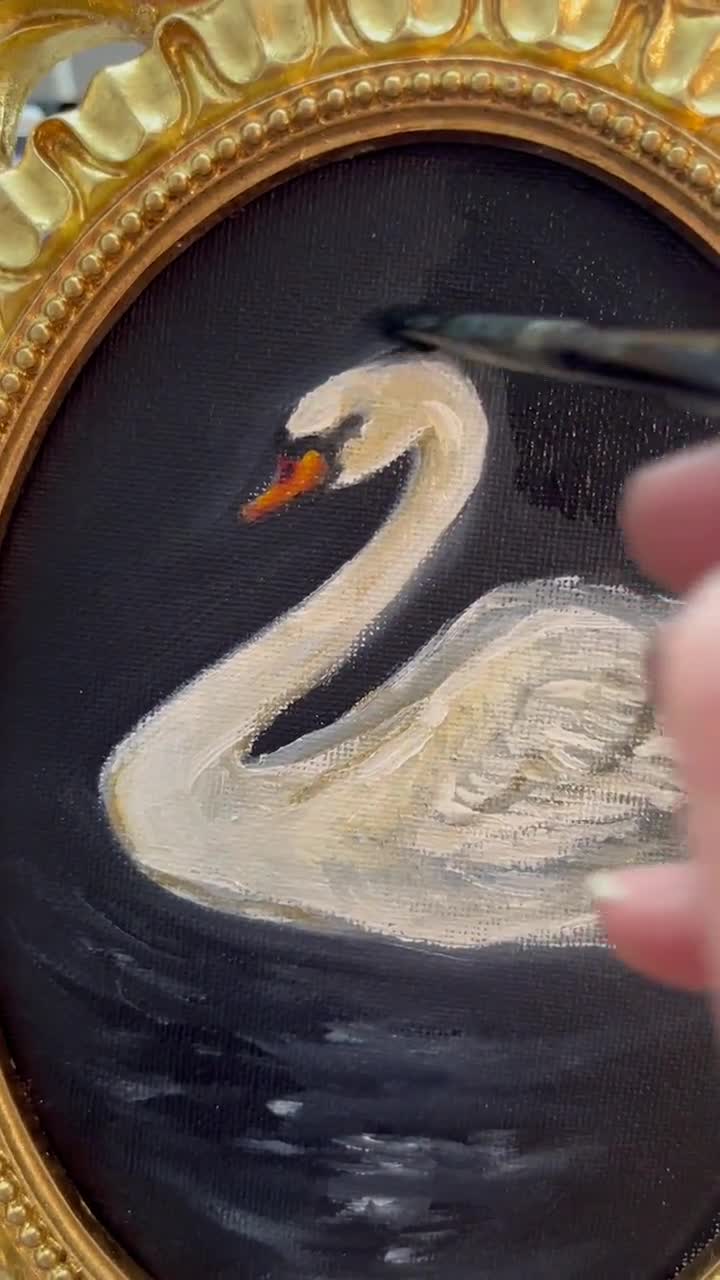 白鳥のオリジナル油絵（額装済み）：ヴィンテージスタイルの鳥のアート