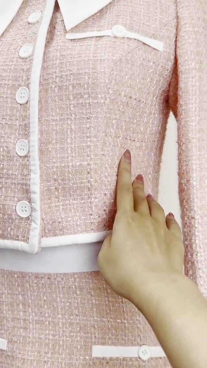 Women Tweed Jacket and Mini Skirt Set - Long Sleeve Blazer - Women