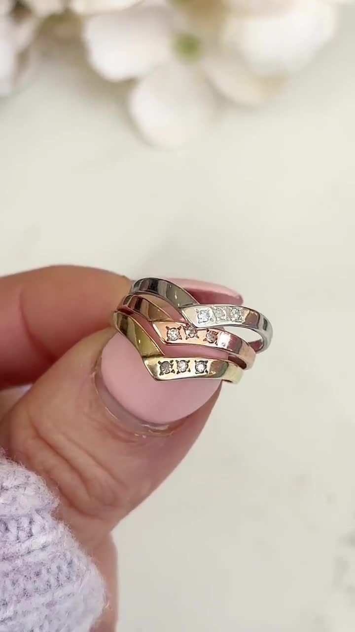 Set of Three Vintage Gold and Diamond Wishbone Stacking Rings