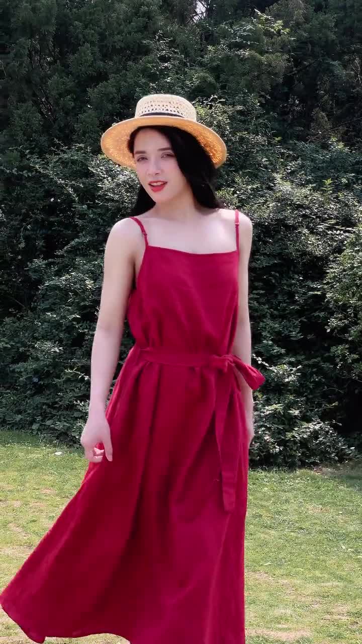 Red Minimalist Y-Back Spaghetti Strap Maxi Dress, Linen Maxi Dress Vintage  Woman Red, Boho Long Pencil Dress Spaghetti Straps, Summer Dress