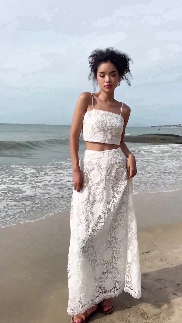Lace crop top and skirt set AMOR, Lace floral two piece wedding dress, Boho  lace wedding dress, Wedding lace set, 2 pieces wedding dress
