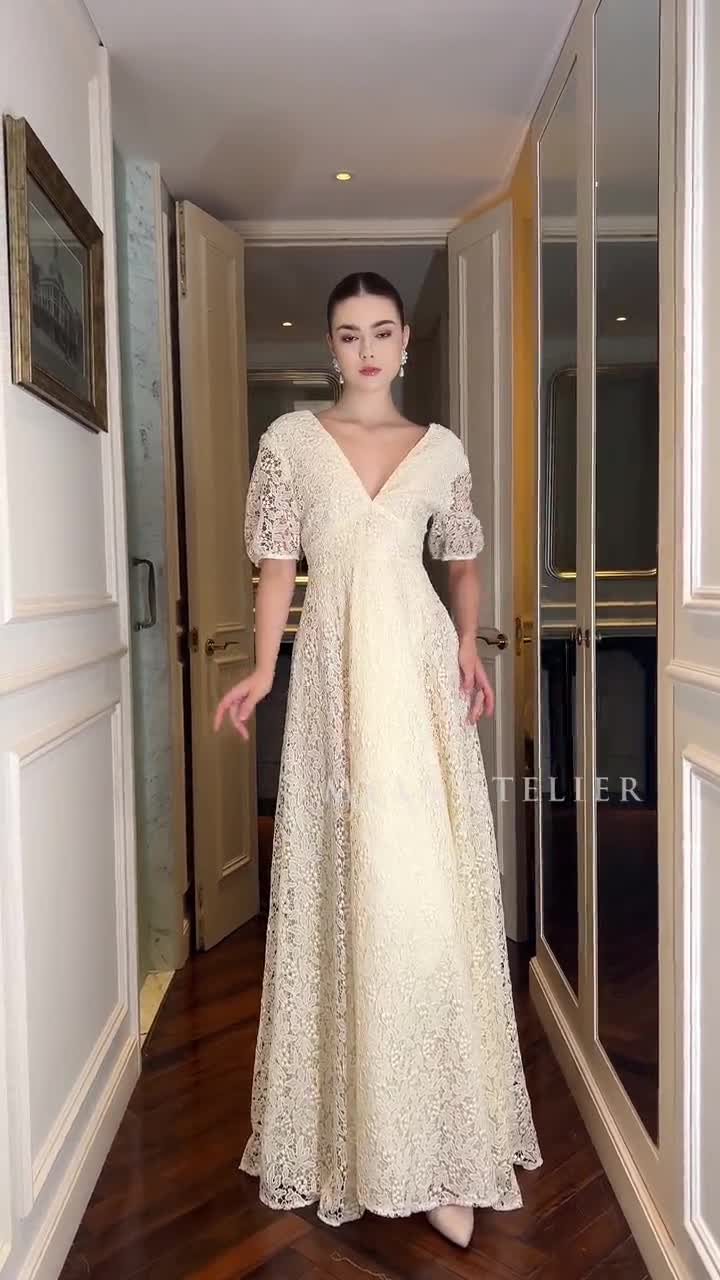 tulle wedding dress with floral lace applique Lace Applique Ivory & Champagne Wedding Dresses V Neck Beach Wedding Dress AWD1277 main image 0