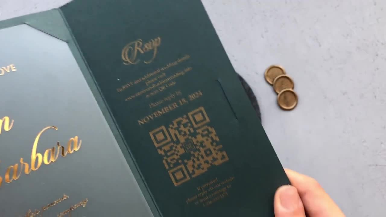 Acrylic Wedding Invitation: Green & Gold Gatefold, QR Code