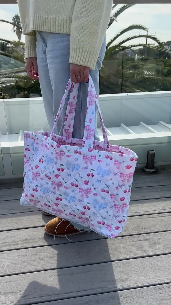 Quilted White Blue Pink Bow Cherry Floral Checkered Tote Bag