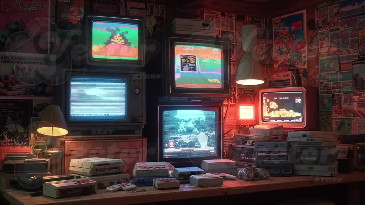 Animated Retro Gaming Room Background, CRT TV Loop With Glitch