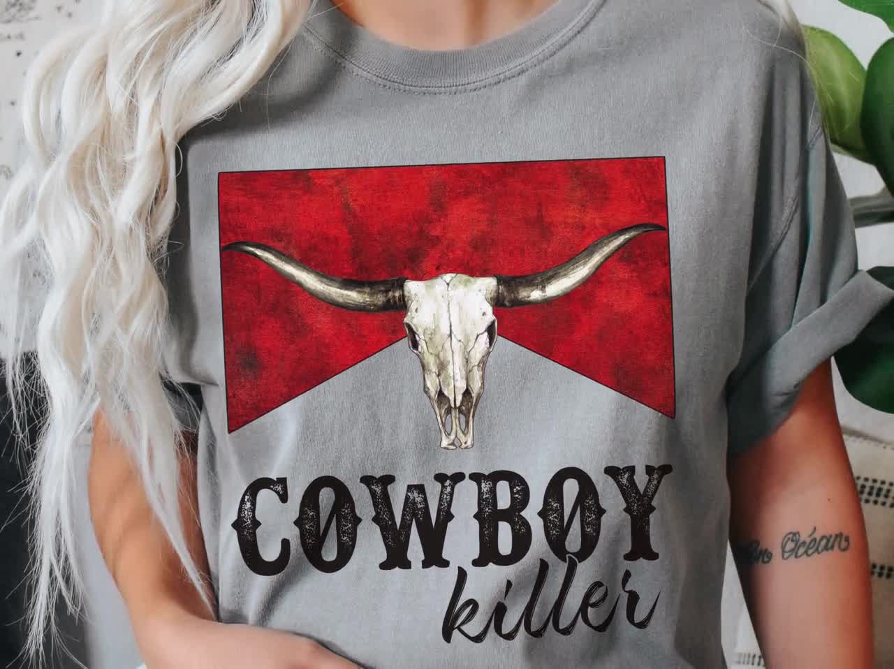 Cowboy Killer Tees for Women Short Sleeve T-Shirt Funny Bull Skull