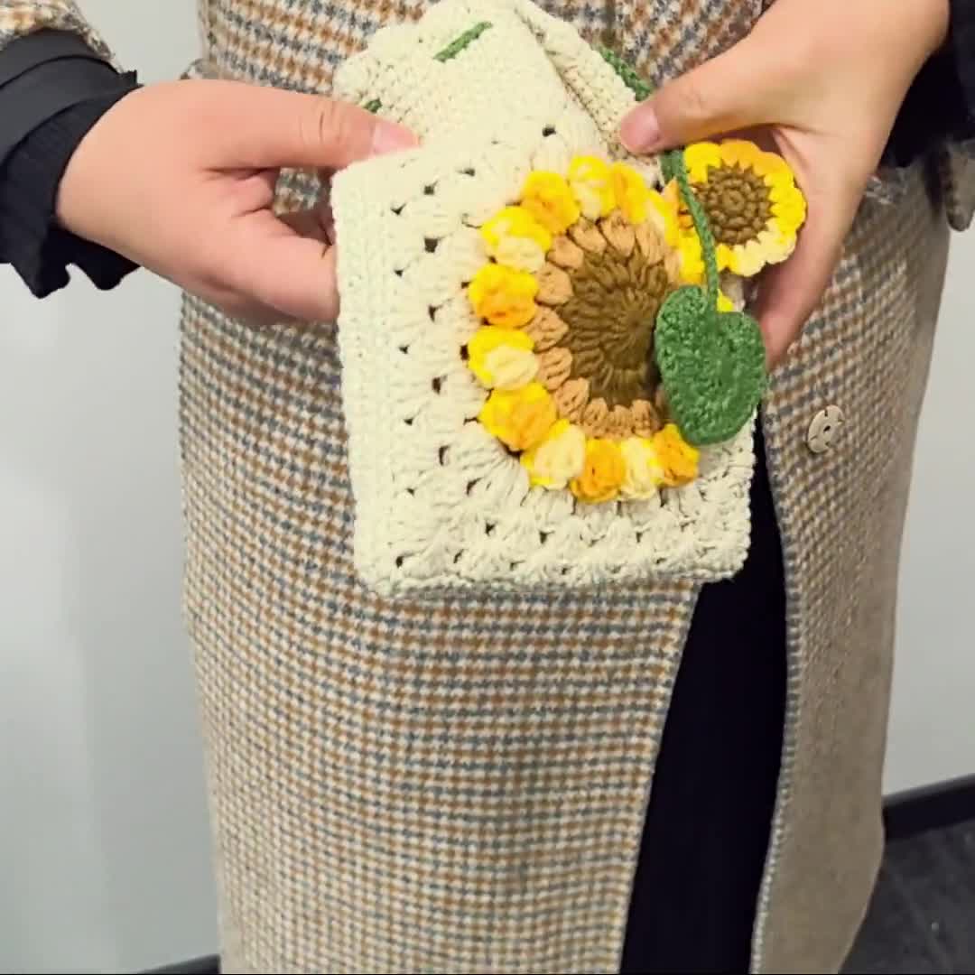 かぎ針編みのひまわりクロスボディバッグ、かぎ針編みのショルダー