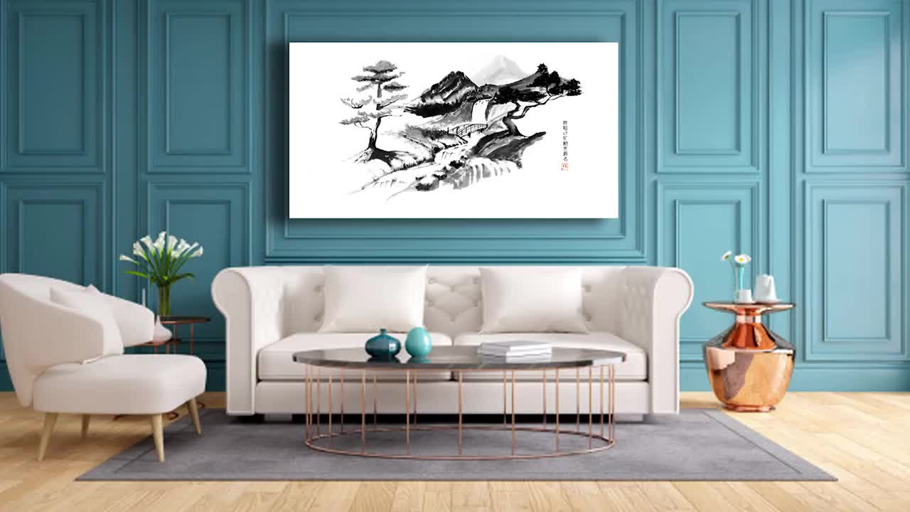 Crossing the Bridge at Dawn | Original Sumi-e Painting – Japanese