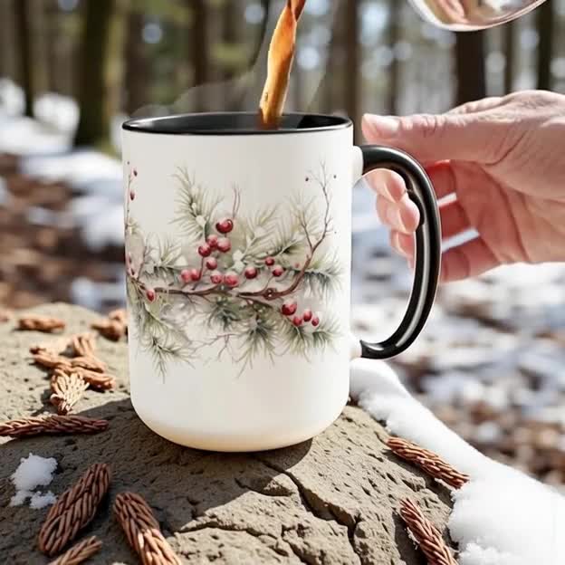 ここあ Snowy Winter Pine Berry Mug Holiday Coffee Cup Christmas