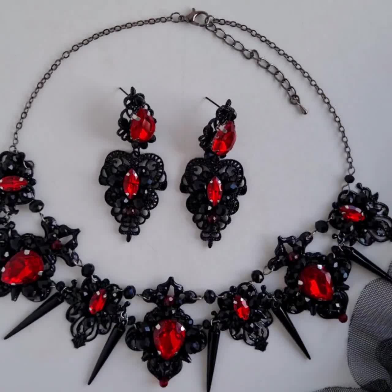 Red Spike Necklace | Black Jewelry Set | Gothic Vampire Jewelry