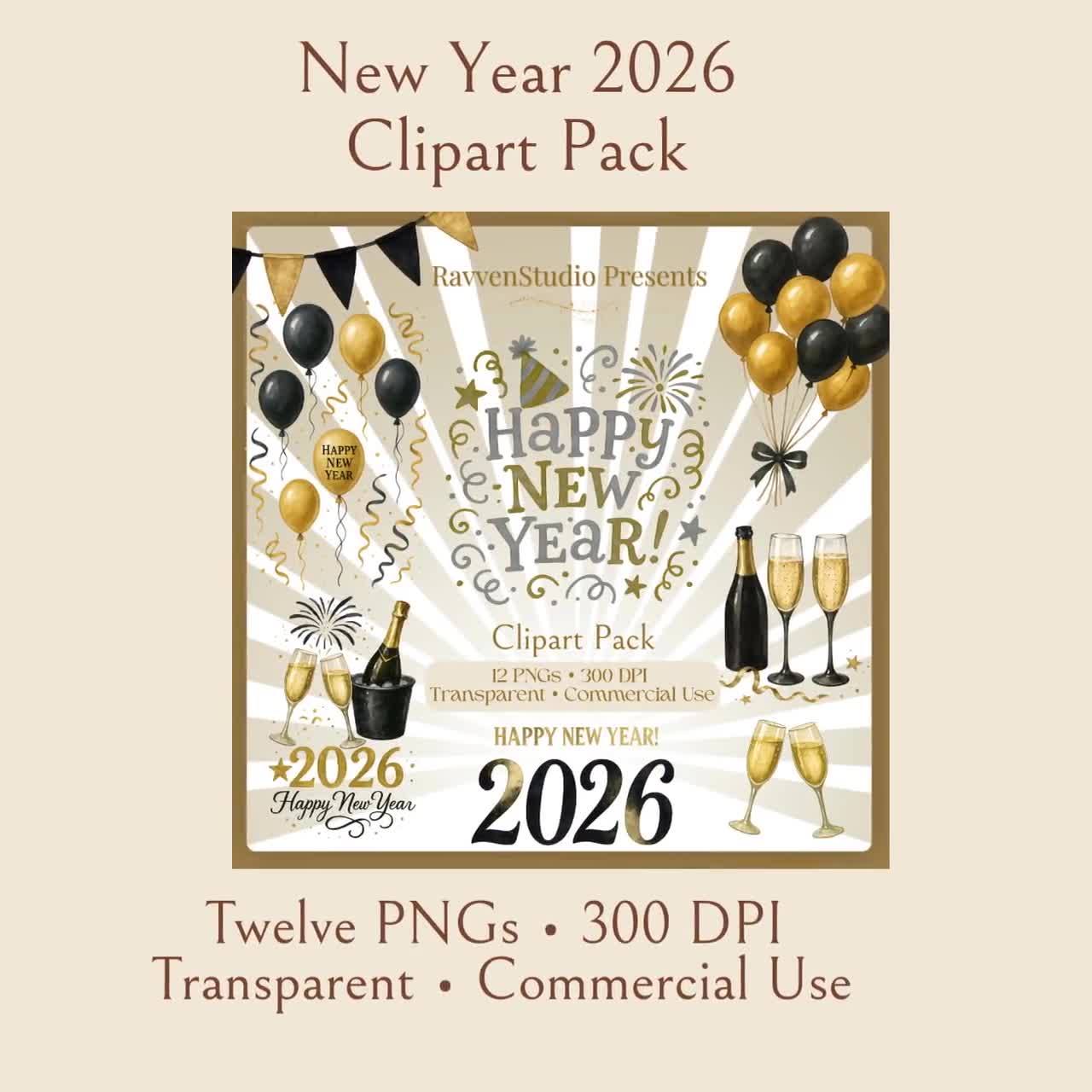 Happy New Year 2026 Clipart Pack, Festive PNG Bundle (digital