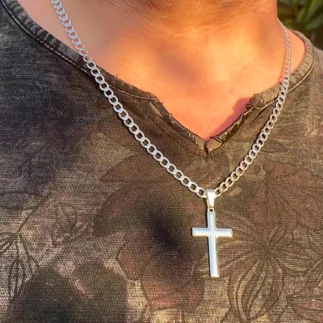 Sterling Silver Mens Cross Necklace, Sterling Silver Curb Chain, Boys Cross  Necklace, Choice Of Chain Lengths and Widths