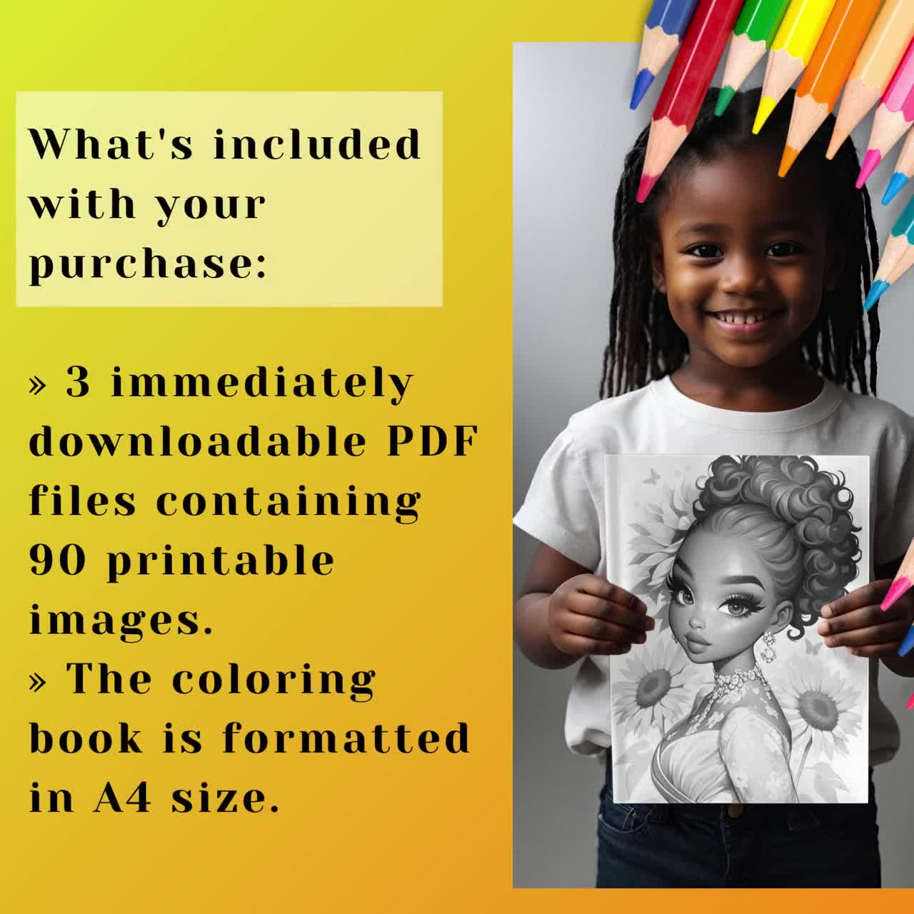 ひまわりガール グレースケールぬり絵ブック – 90ページコレクション (PDF) video poster