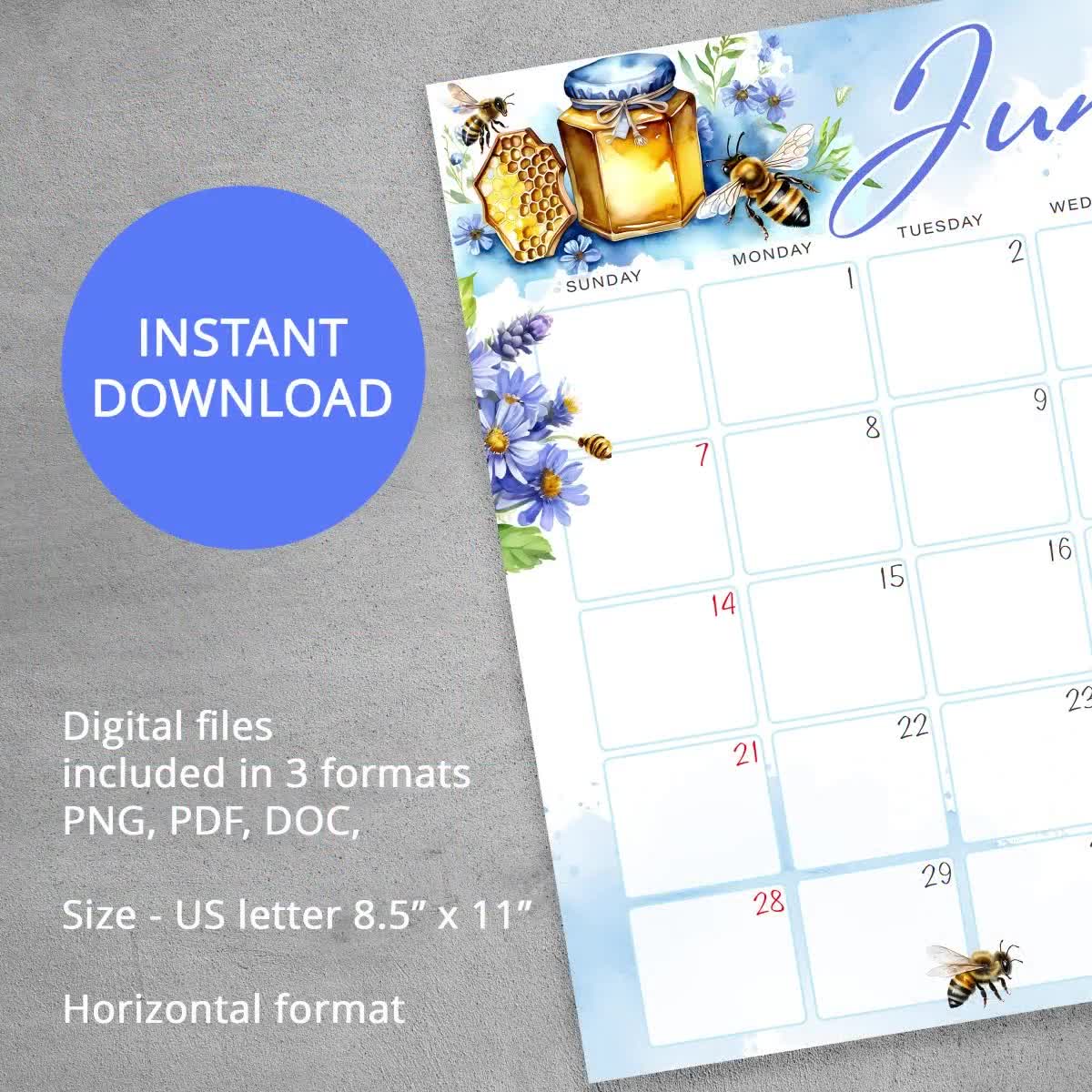 Calendario mensual editable de junio de 2026, diseño de acuarela de abejas, PDF y Word editables. video poster