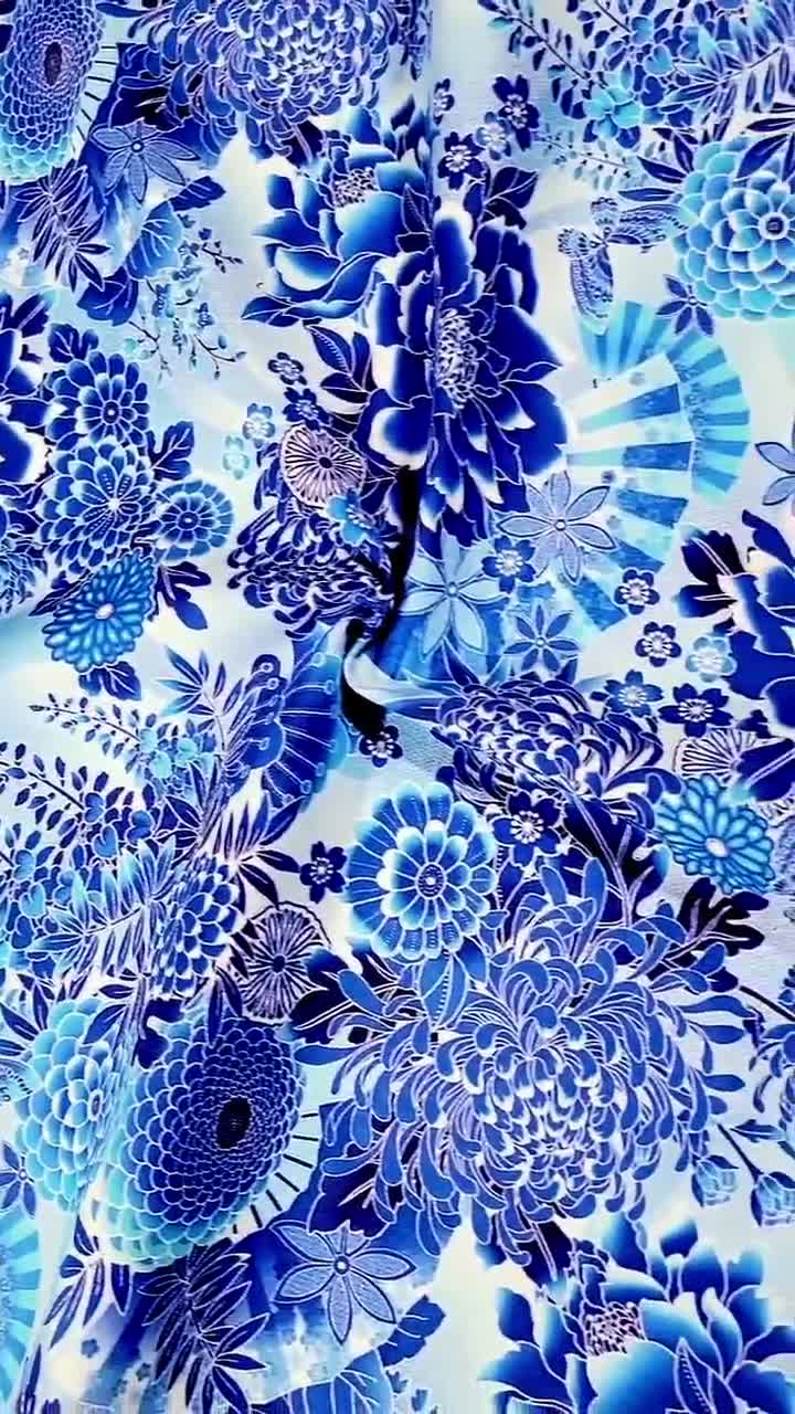 Oasis Fabrics Asian Garden Fabric, Blue Floral Japanese Fan Cotton