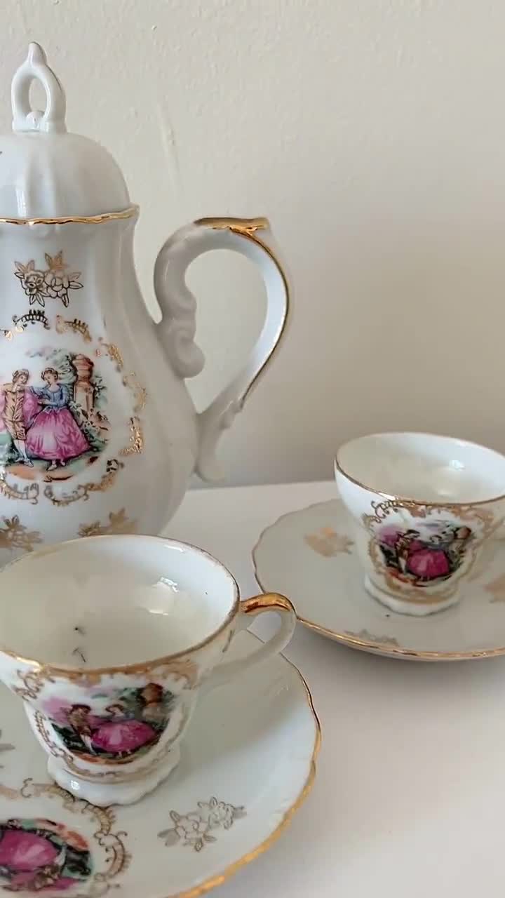 Vintage 1960s Japan Porcelain Tea Set: Romantic Couple, Gold Trim