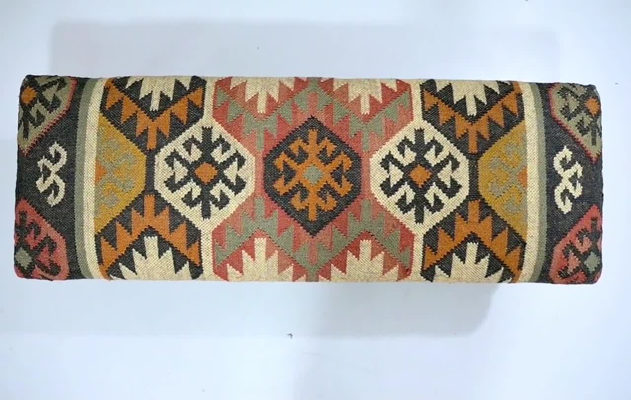 Handmade Kilim Bench Moroccan Style Upholstered Entryway Bench, Indian Jute Kilim Furniture, Boho Footstool Wooden Bench for Living Room video poster