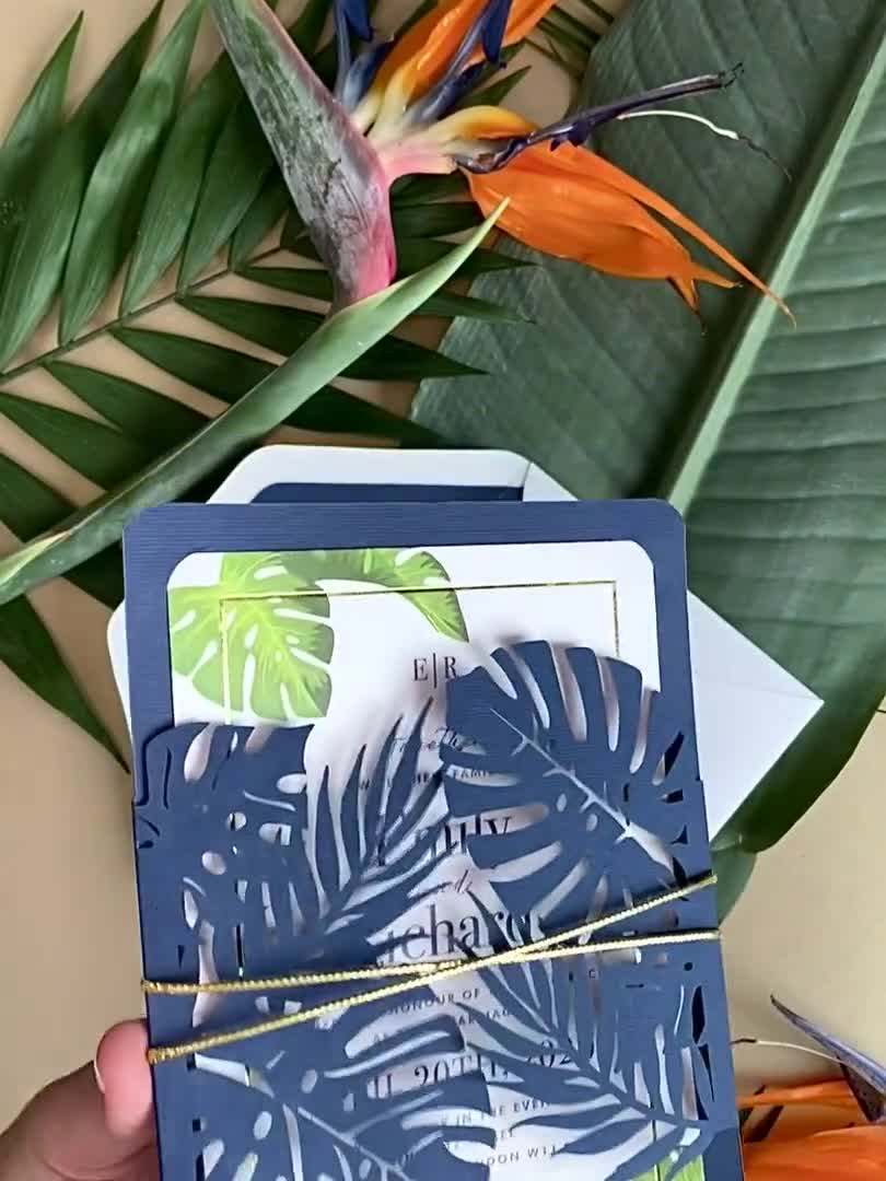 Monstera Invitation Navy Blue Leaf Laser Cut Wedding Invitation , Tropical  Wedding , Destination Wedding,Palm Tree, British Columbia, Plants