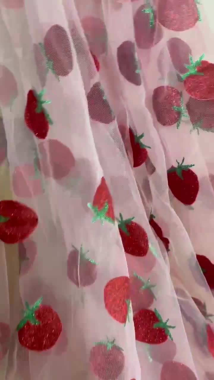 Cute Red Strawberry Sequins on Pink Tulle Fabric - OneYard