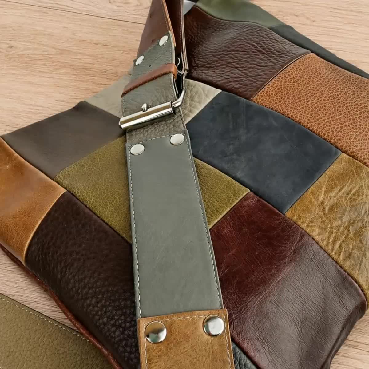 Leather Crossbody Bag in Patchwork, Handmade Purse in Neutral