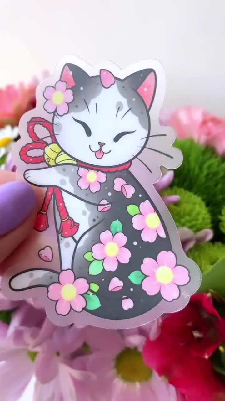 CLEAR Japanese Irezumi Neko Cat With Cherry Blossoms Sakura