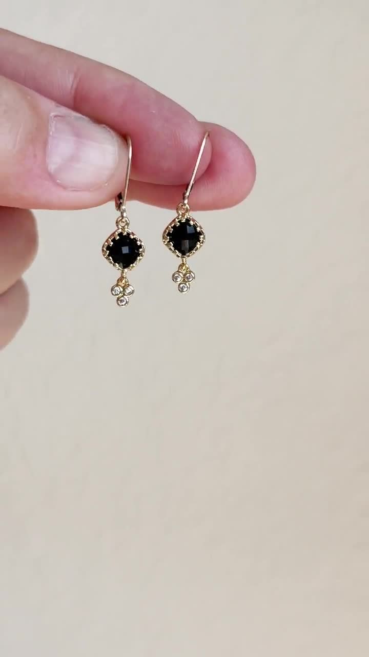 Black Onyx Earrings, Tiny Shiny Black Diamond Shape Earrings, Small Dangle  Drops Gold or Silver, Elegant Minimalist Earrings, Gift for her