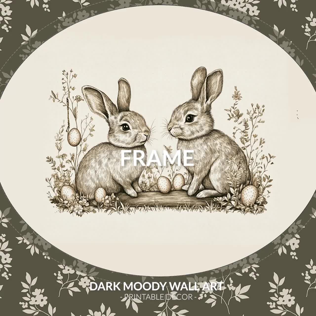 hare Easter Bunny Printable Wall Art, Vintage Rabbit Spring Eggs