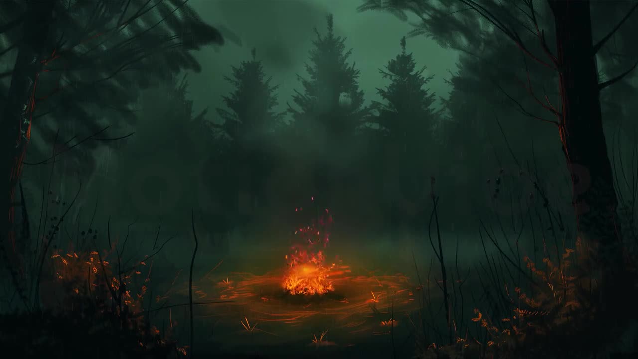 Animated Background, Dark Wood, Dark Forest Campfire, Rainy Night, Silent  Rain, Lonely Flame, Twitch Stream Zoom Vtuber Background, image size:1280x720