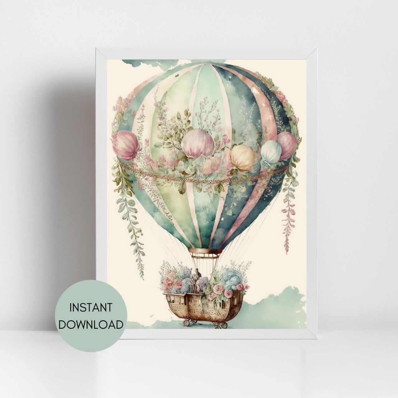 Watercolor Hot Air Balloon Instant Digital Download Printable Wall Art  Decor Shabby Chic Print Vintage Painting Old Antique Poster Romantic