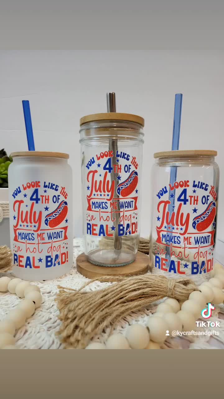 Fourth of July Glass Cup With Bamboo Lid & Glass Straw