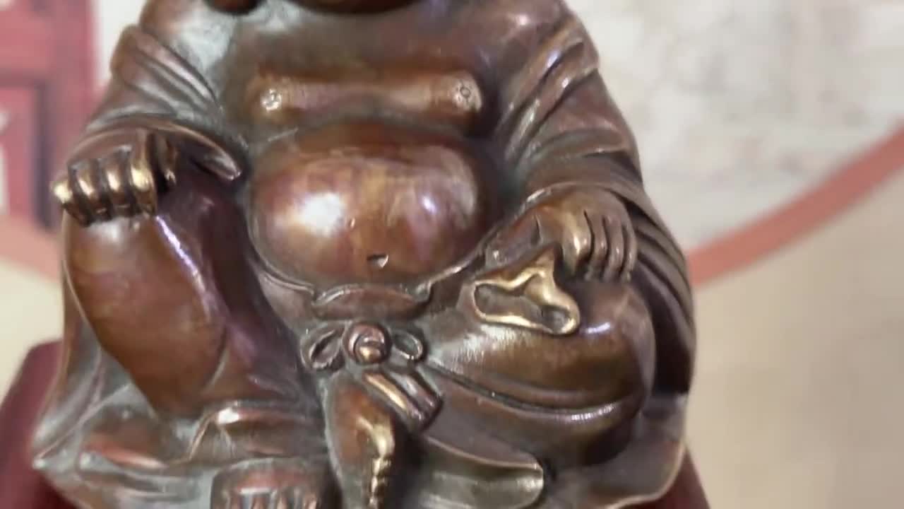 銅製の幸せ笑い弥勒仏富貴像、笑う微笑む仏像布袋像仏教幸福富貴の神禅