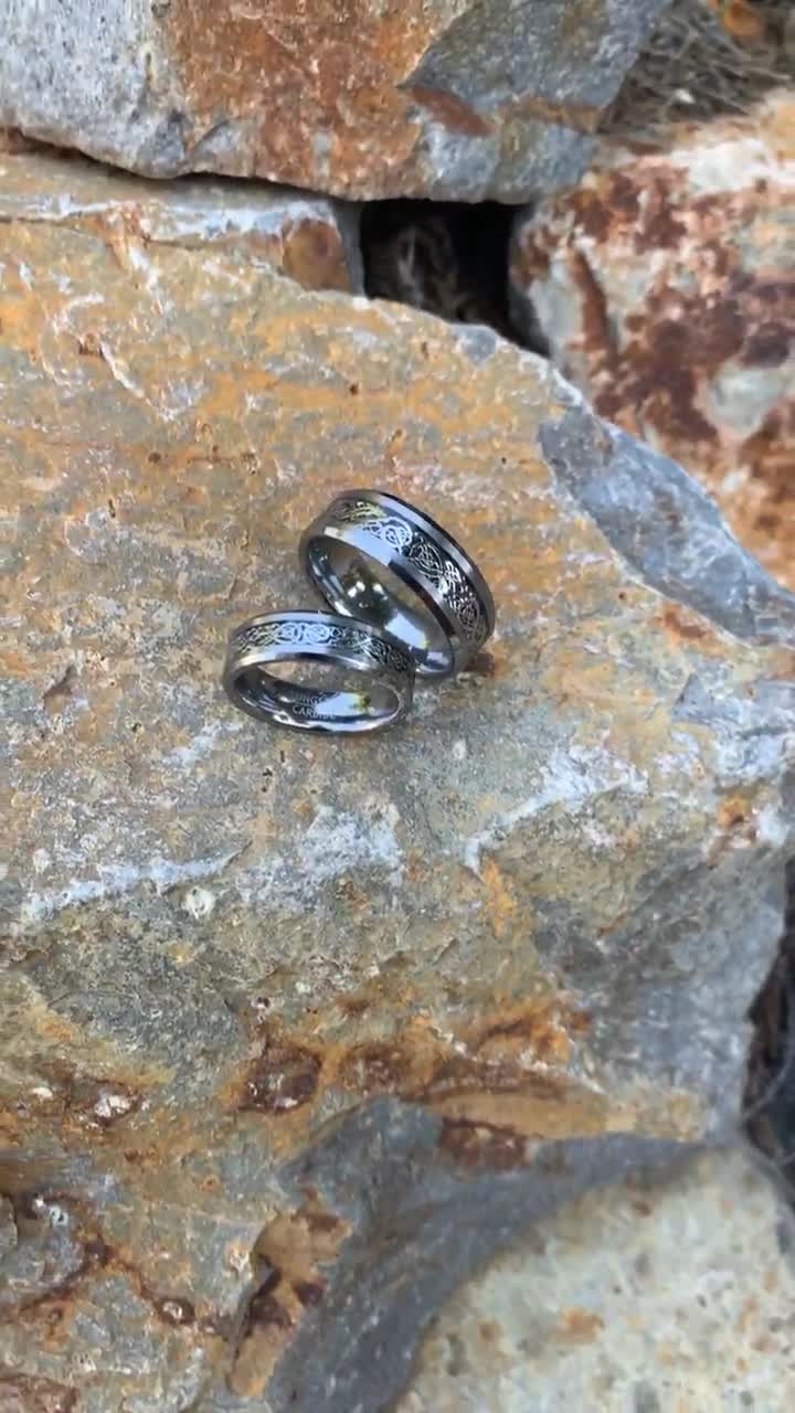 Custom His & Hers Dragon Rings, Celtic Knot Tungsten Bands With