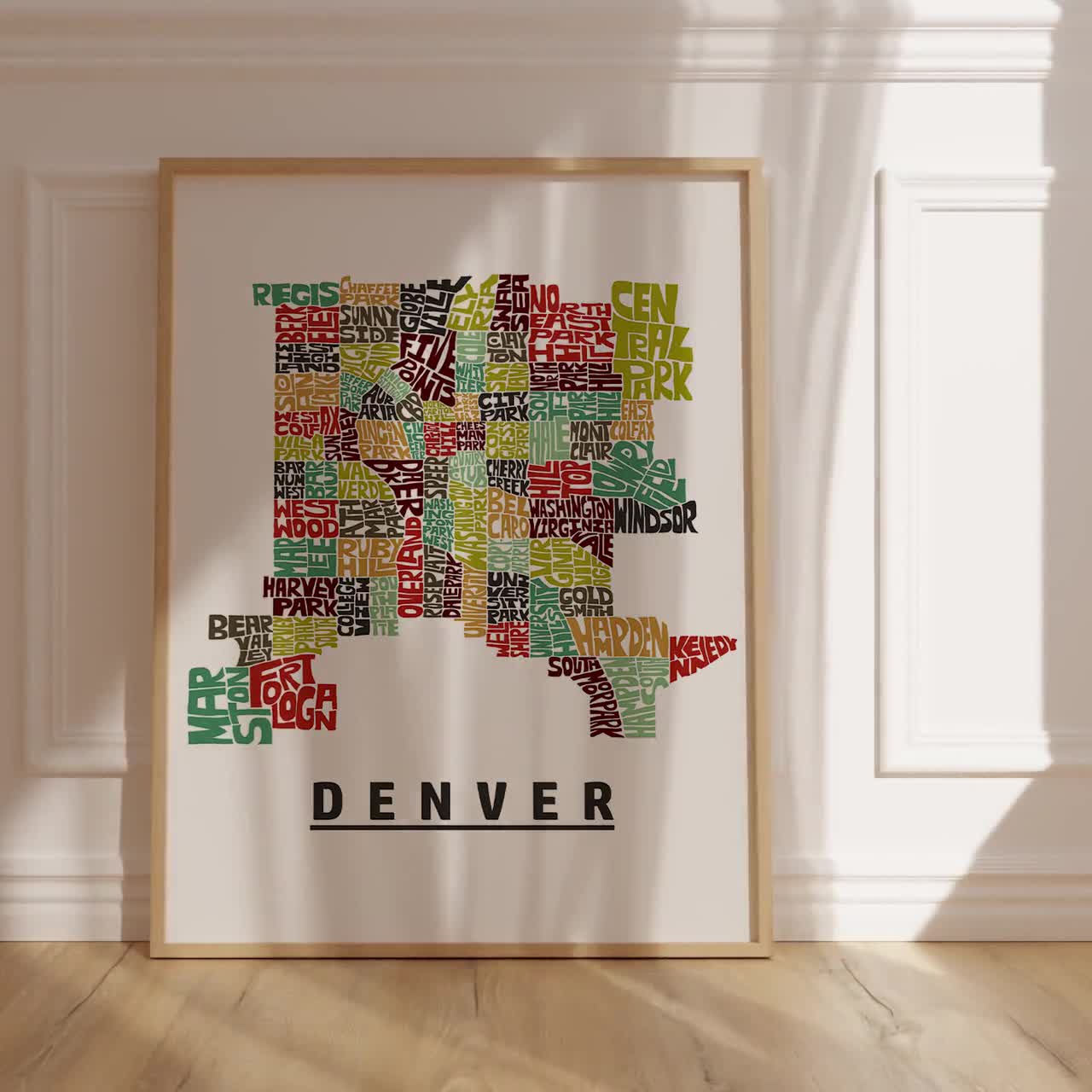 Denver neighborhood art print FRAMED, Denver outlets map art, available in several colors and sizes, Denver decor, Denver wall art