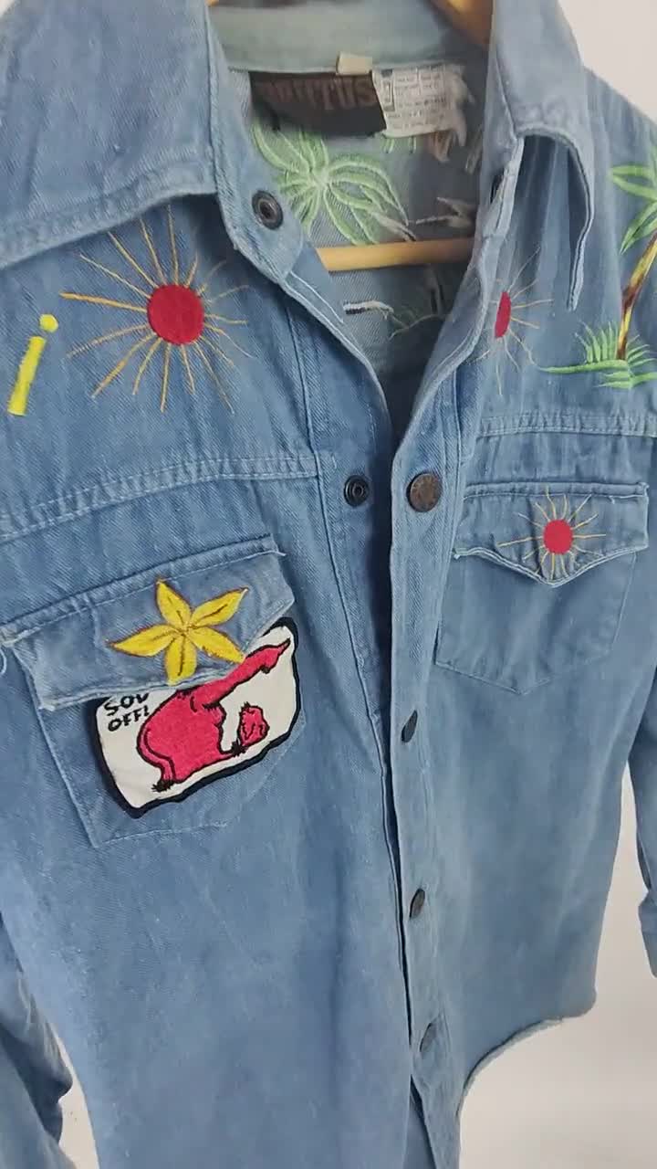 Vintage 70s Denim Shirt, Blue Jean shirt women, embroidered shirt, Florida jacket, grunge jacket, mod shirt rockabilly shirt bird embroidery Vintage 70s Denim Shirt, Blue Jean shirt women, embroidered shirt, Florida jacket, grunge jacket, mod shirt rockabilly shirt bird embroidery