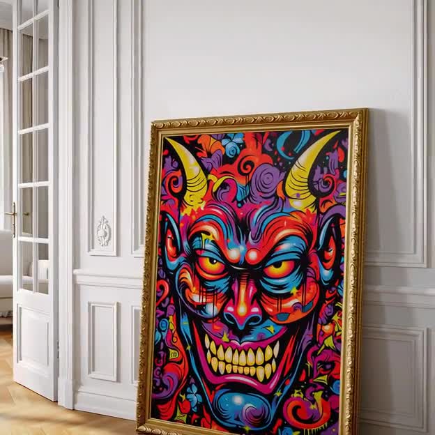 悪魔の顔のグラフィティウォールアート、デジタルダウンロード、邪悪で