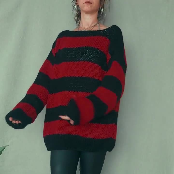 トップス layered punk grunge mohair knit sweater Grunge Mohair Sweater, Black Striped Sweater, Punk Rock