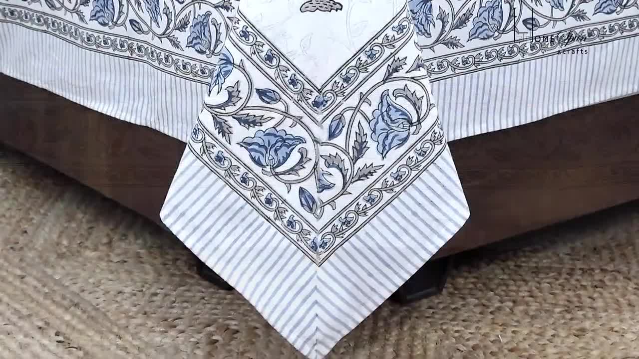ブルー＆グレーの花柄ハンドブロックプリントコットンベッドシーツ