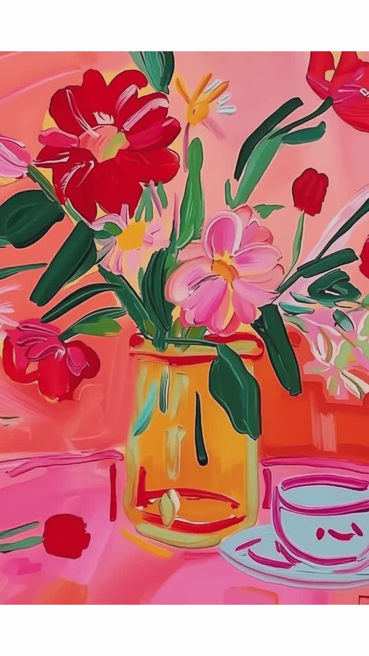 花のポスター、レトロな油絵、赤い壁アート、折衷的な壁アート